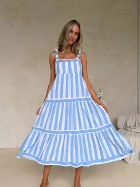 Red Dress Boutique Blue & White Striped Tiered Midi Dress
